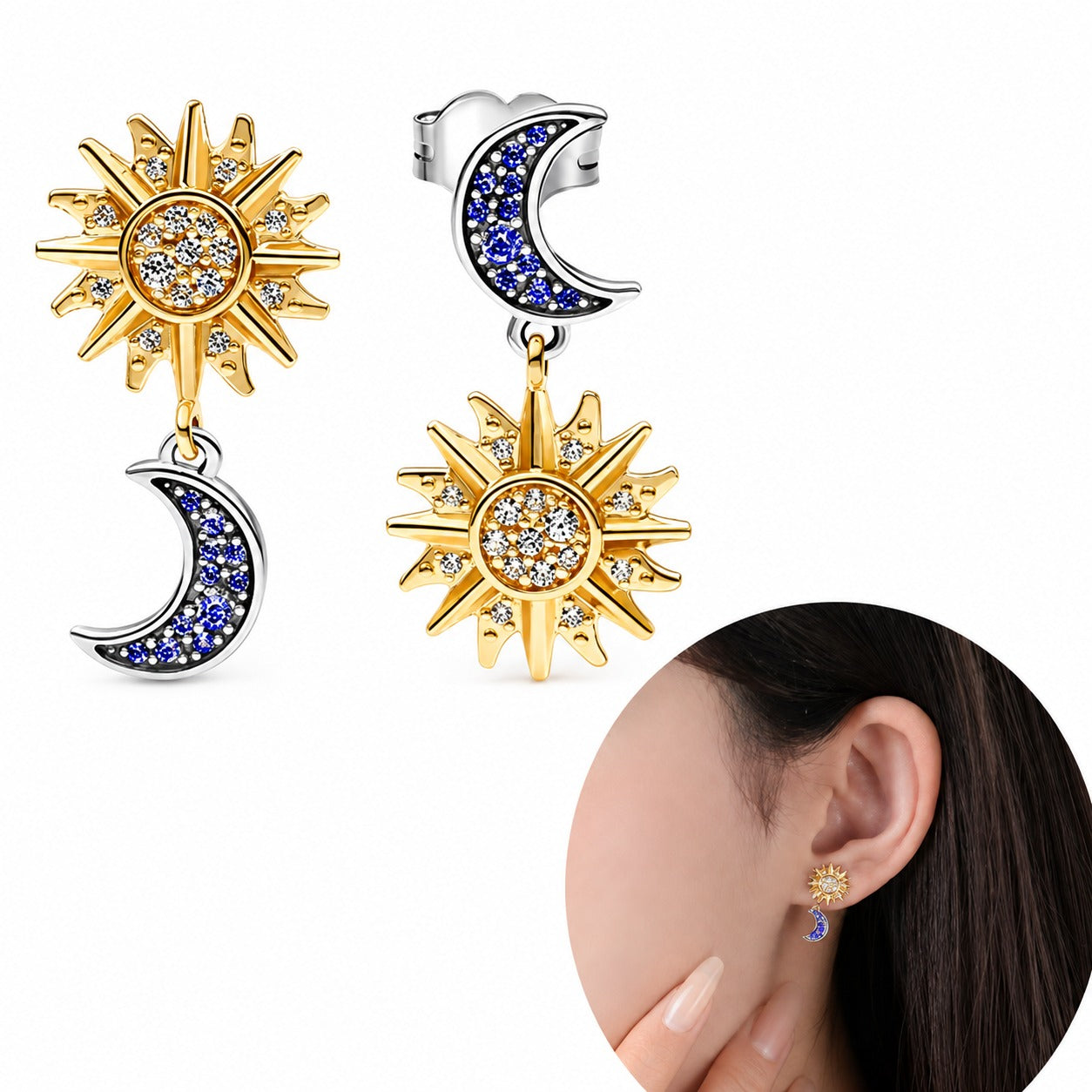 "Sun & Moon" Dangle Earrings - 925 Sterling Silver
