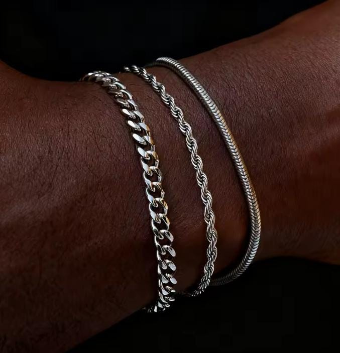 Cuban, Rope & Snake Bracelet Set (Silver)