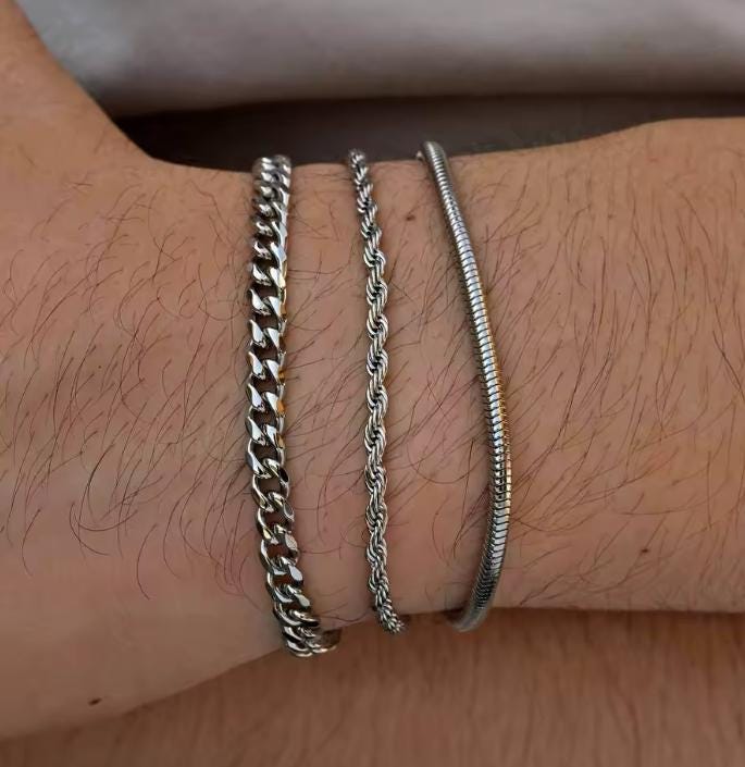 Cuban, Rope & Snake Bracelet Set (Silver)
