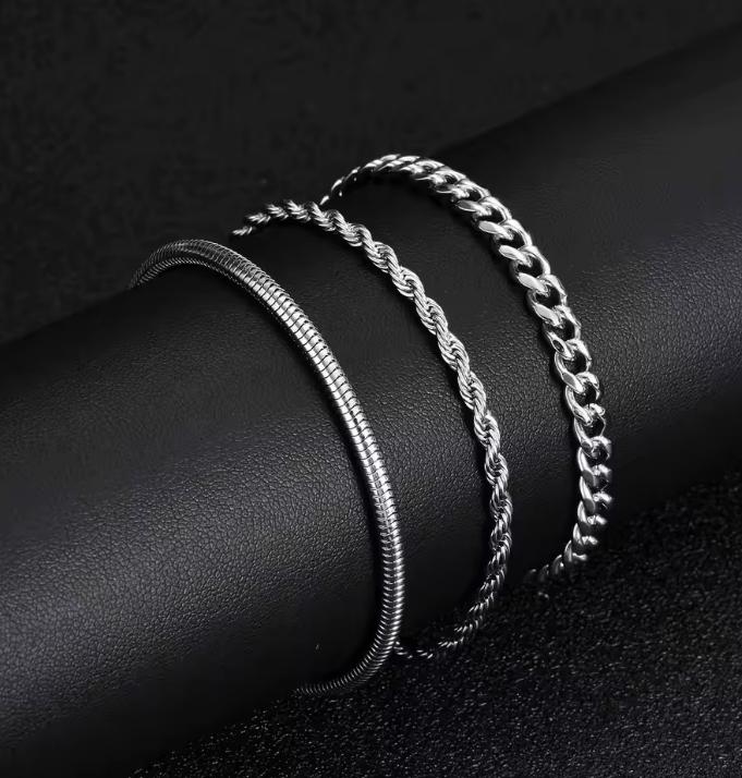 Cuban, Rope & Snake Bracelet Set (Silver)