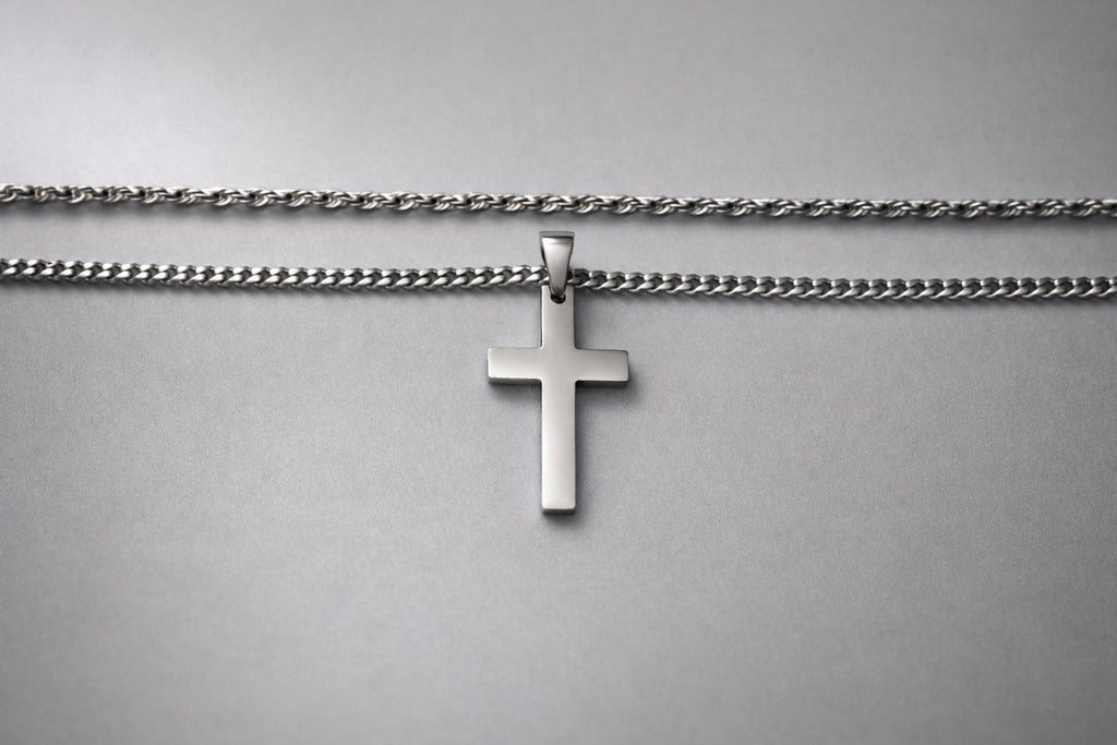 Cross on Cuban & Rope Set (Silver)