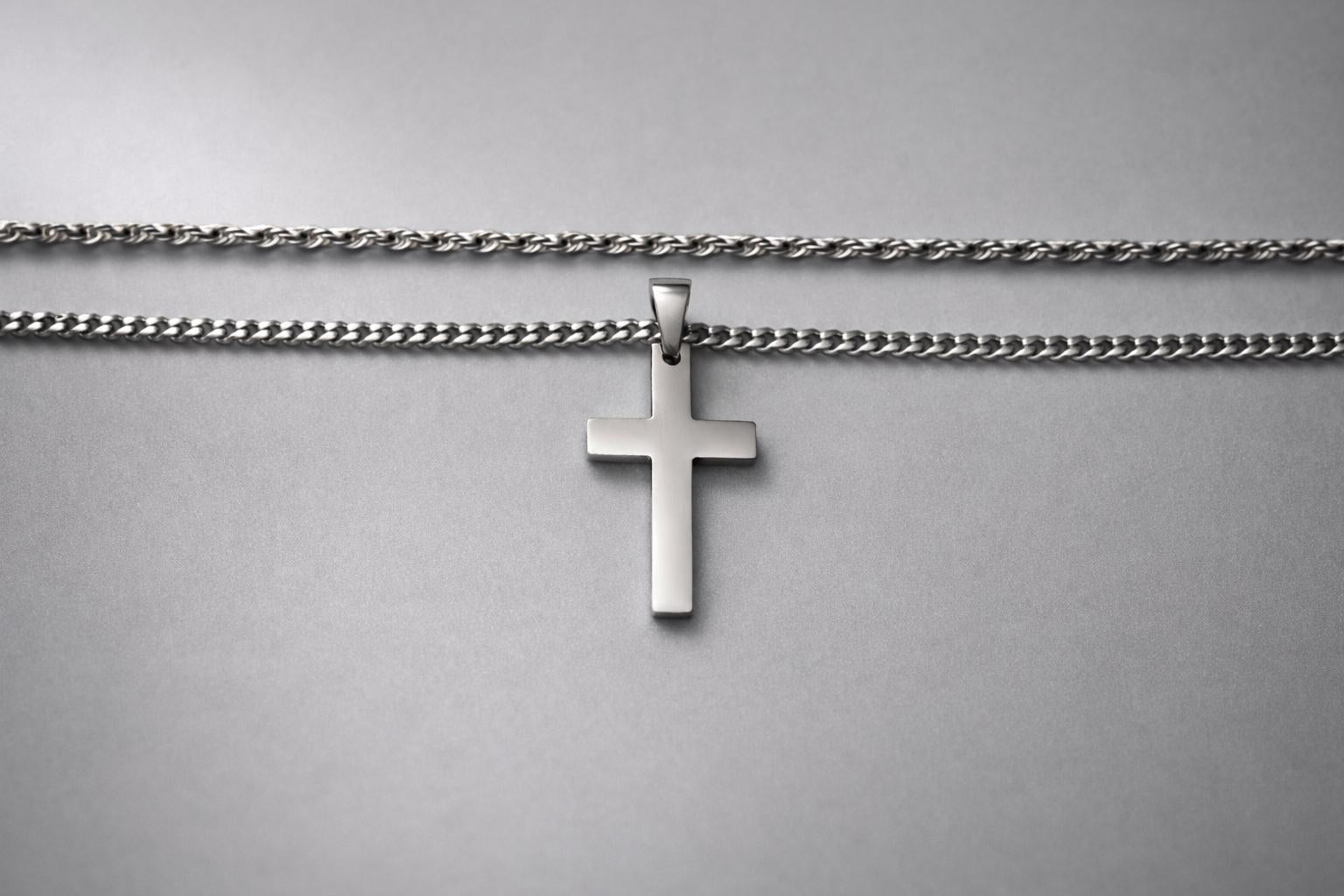 Cross on Cuban & Rope Set (Silver)
