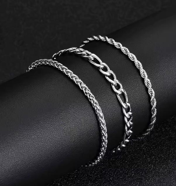 Figaro, Rope & Wheat Bracelet Set (Silver)