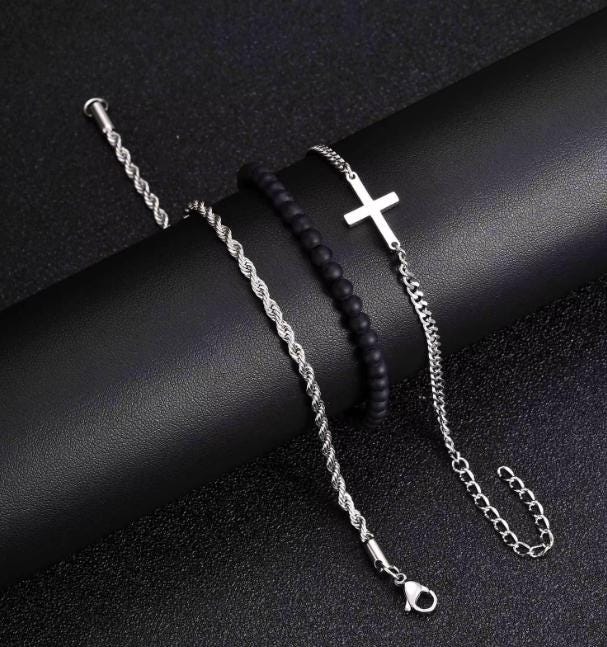 Cross, Rope & Agate Bead Bracelet Set