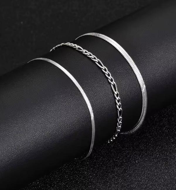 Figaro & Herringbone Bracelet Set (Silver)