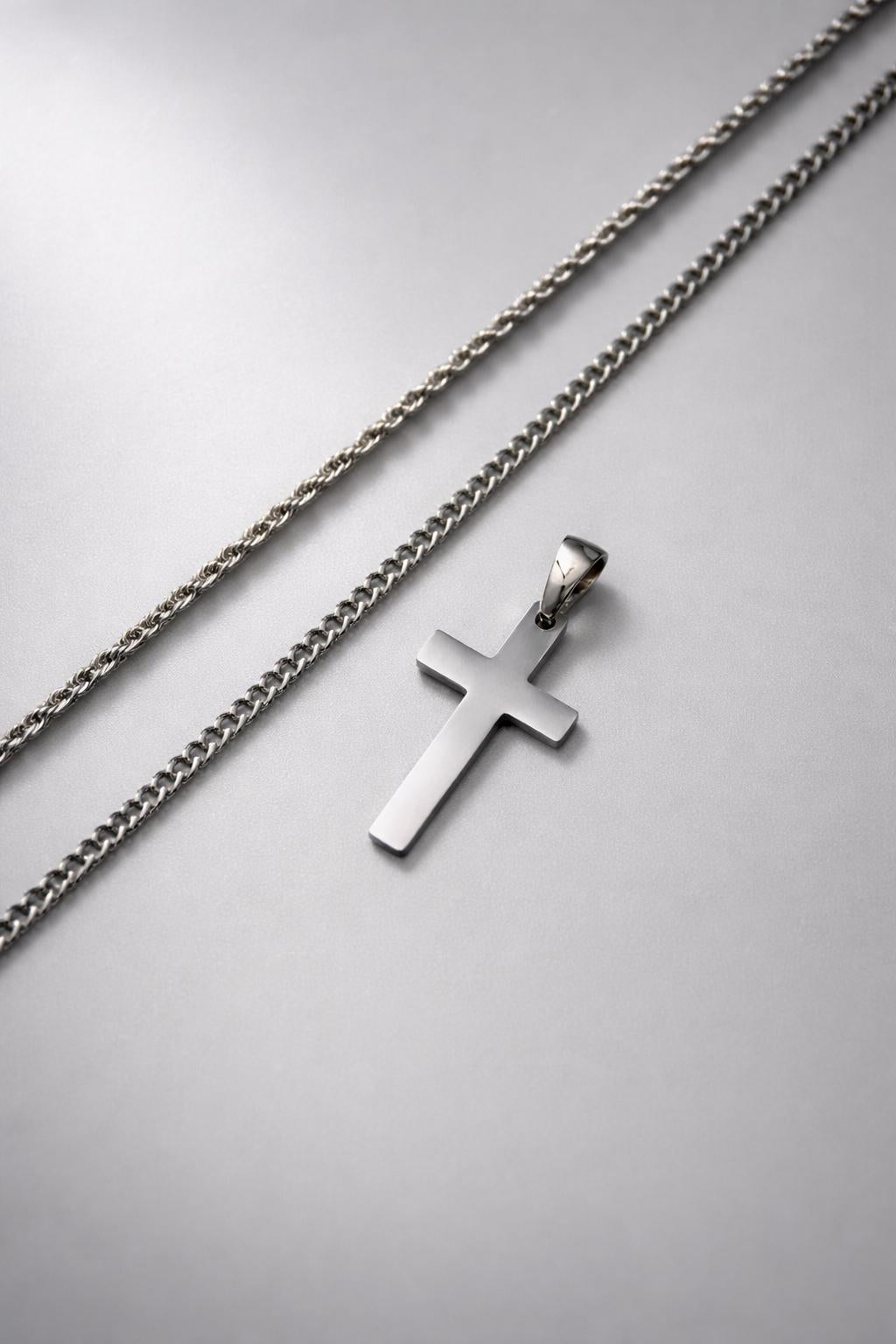 Cross on Cuban & Rope Set (Silver)