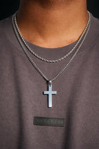 Cross on Cuban & Rope Set (Silver)