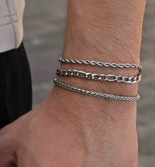 Figaro, Rope & Wheat Bracelet Set (Silver)