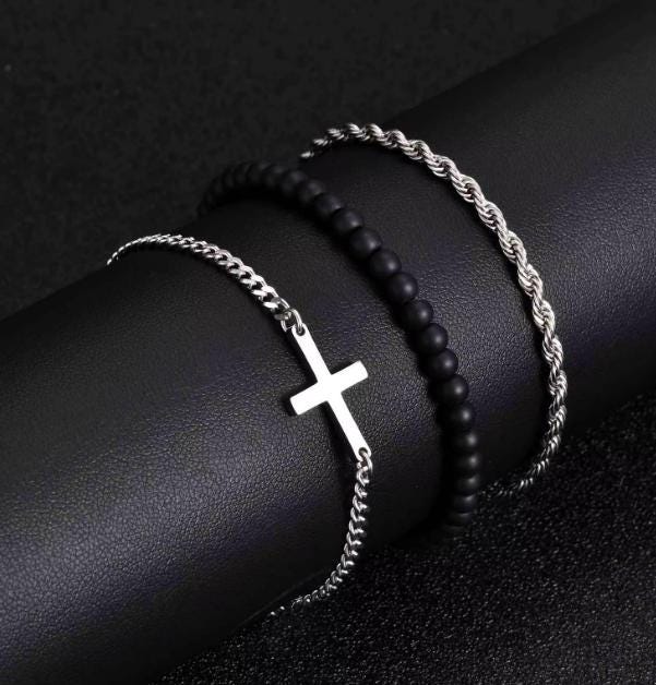 Cross, Rope & Agate Bead Bracelet Set