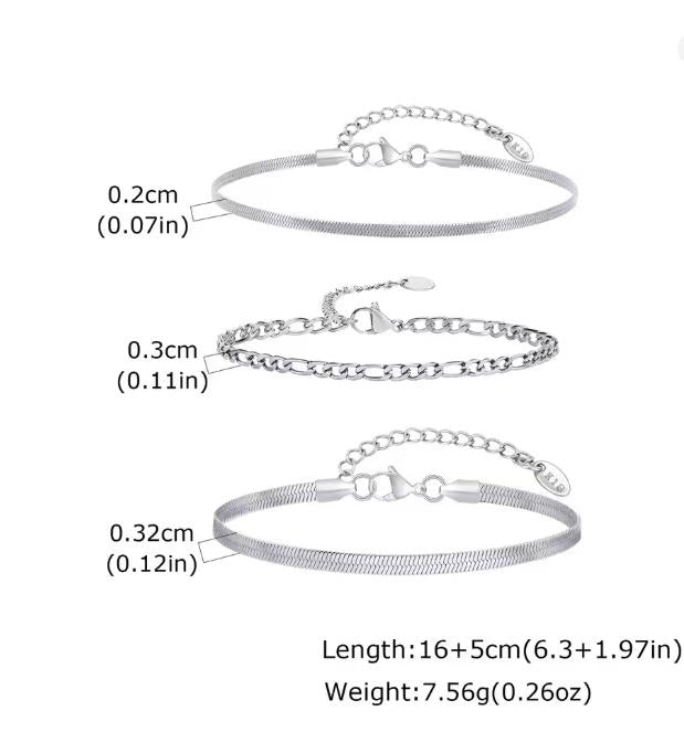 Figaro & Herringbone Bracelet Set (Silver)