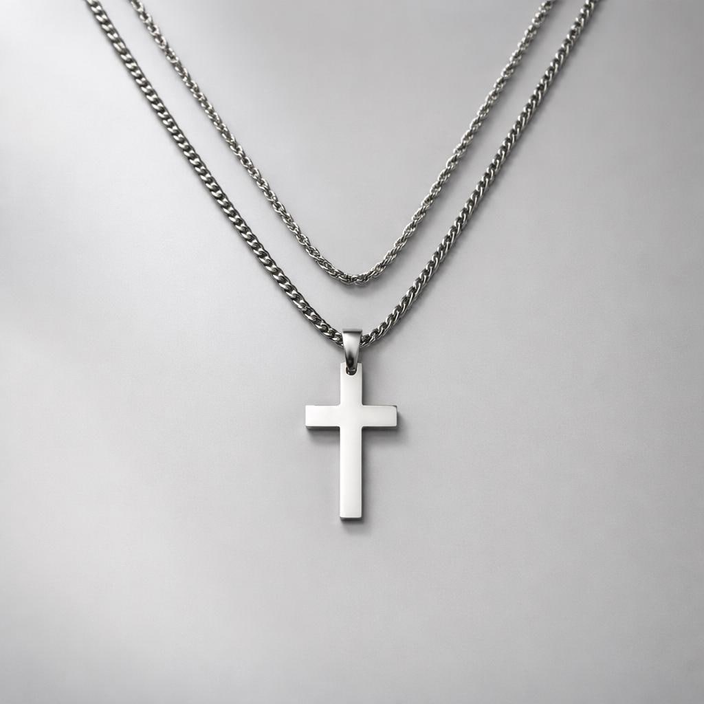 Cross on Cuban & Rope Set (Silver)