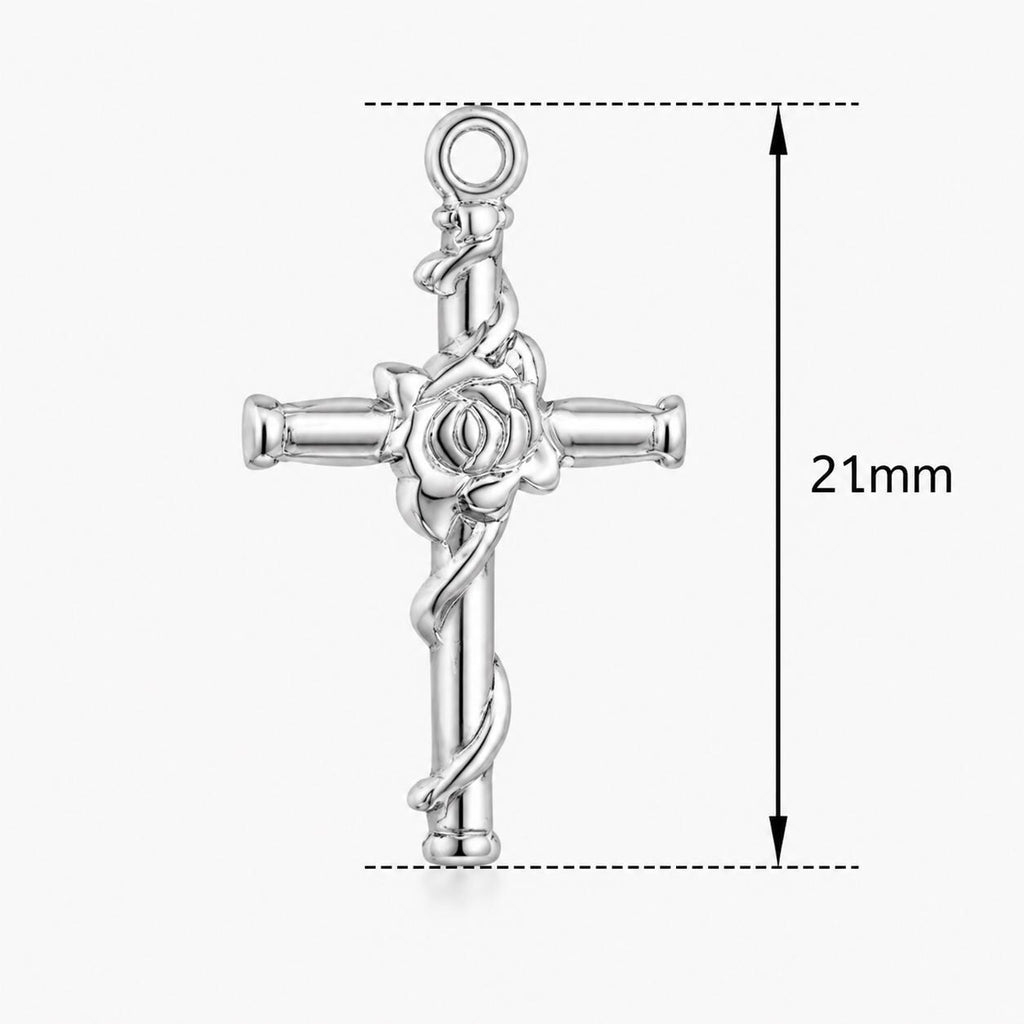 Flower Cross Necklace for Women, Men, Silver Stainless Steel Faith Pendant, Waterproof, Religious, Communion Gift