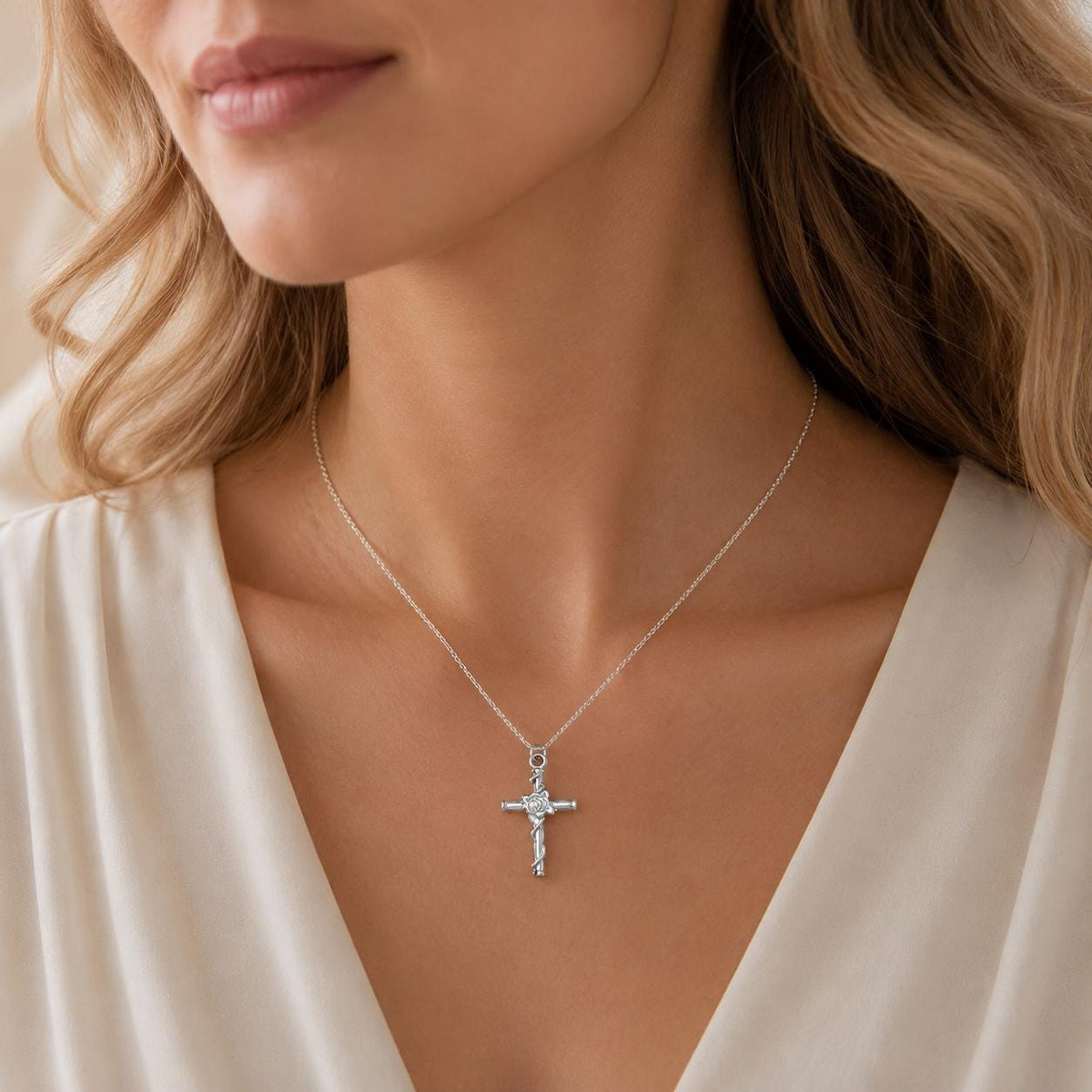 Flower Cross Necklace for Women, Men, Silver Stainless Steel Faith Pendant, Waterproof, Religious, Communion Gift