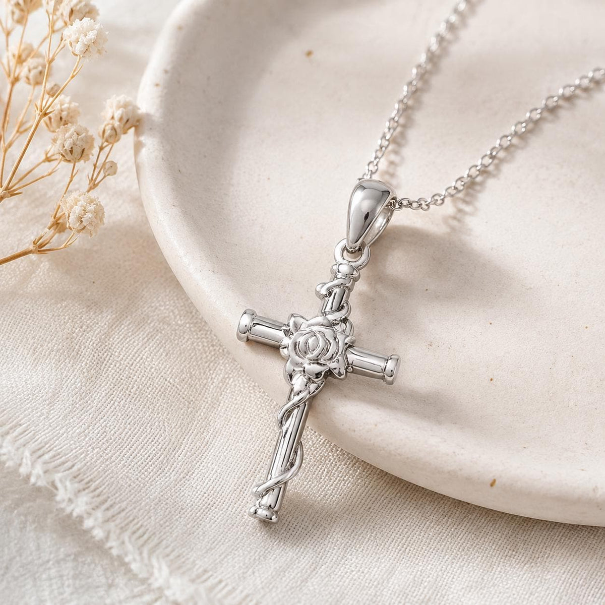 Flower Cross Necklace for Women, Men, Silver Stainless Steel Faith Pendant, Waterproof, Religious, Communion Gift