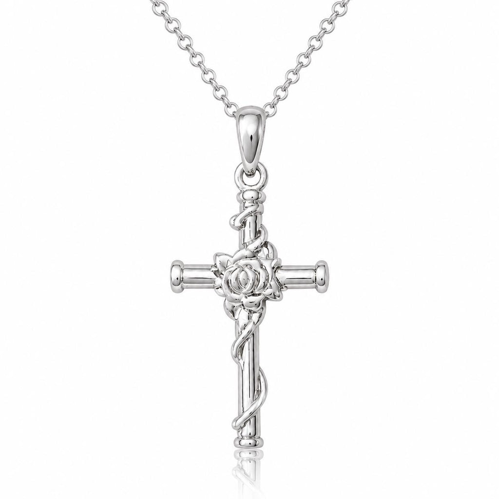 Flower Cross Necklace for Women, Men, Silver Stainless Steel Faith Pendant, Waterproof, Religious, Communion Gift