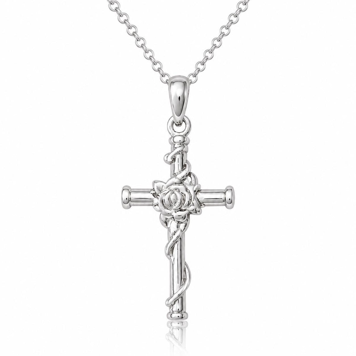 Flower Cross Necklace for Women, Men, Silver Stainless Steel Faith Pendant, Waterproof, Religious, Communion Gift