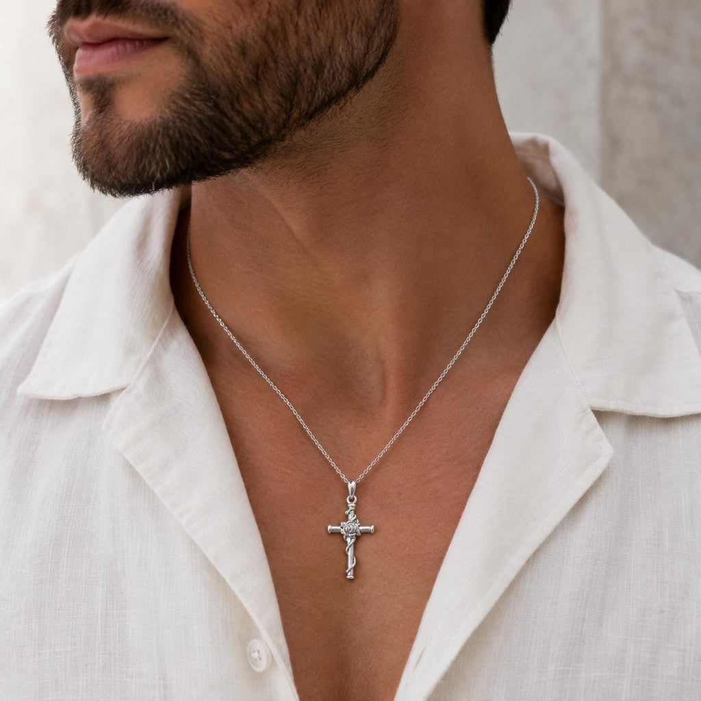 Flower Cross Necklace for Women, Men, Silver Stainless Steel Faith Pendant, Waterproof, Religious, Communion Gift