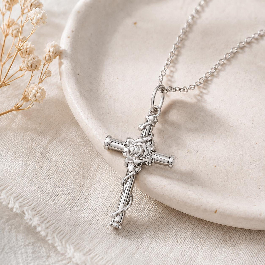 Flower Cross Necklace for Women, Men, Silver Stainless Steel Faith Pendant, Waterproof, Religious, Communion Gift