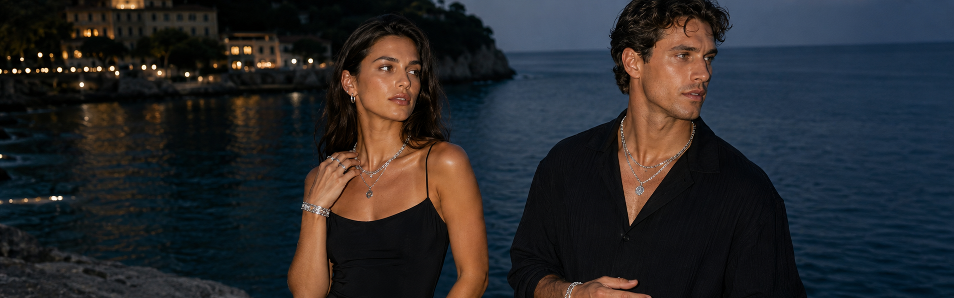 Best sellers hero banner - couple on Mediterranean coast in silver jewelry